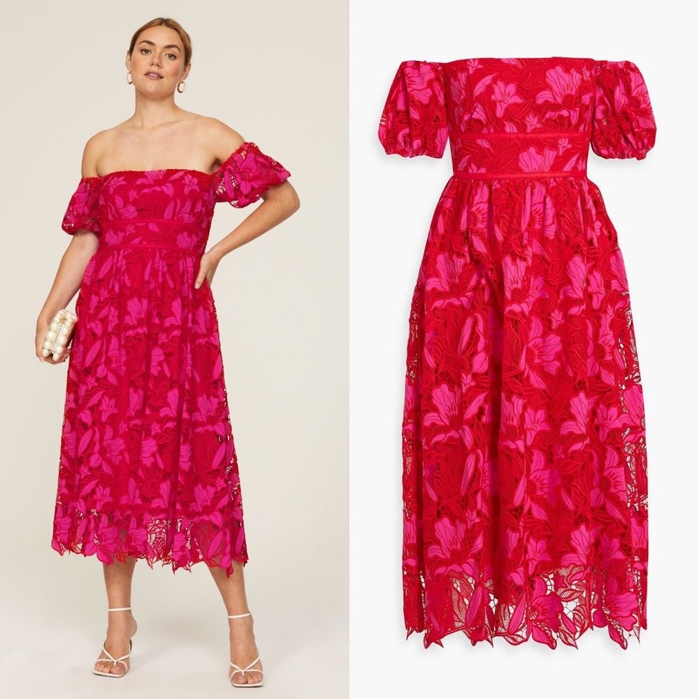 ML Monique Lhuillier NEW Red Off-the-shoulder Guipure Lace Midi Dress - Size 2